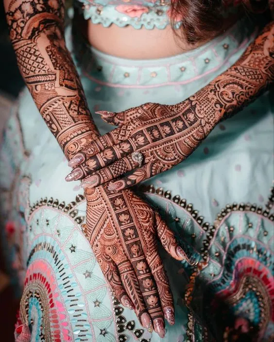1. Classic Indian Ring Ceremony Mehndi Designs for Engagement Bride
