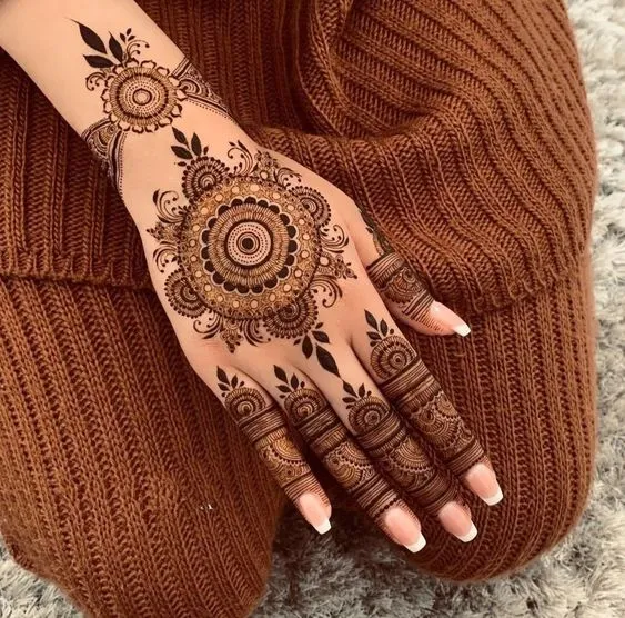 19. Mandala Ring Ceremony Mehndi Designs for Engagement Bride