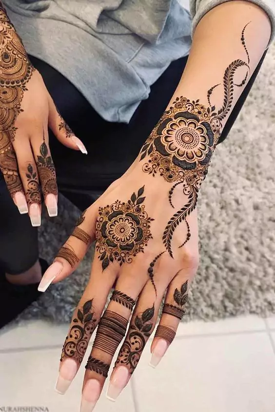 5. Floral-Vine Full Hand Mehndi Designs for Brides 5. Floral-Vine Full Hand Mehndi Designs for Brides