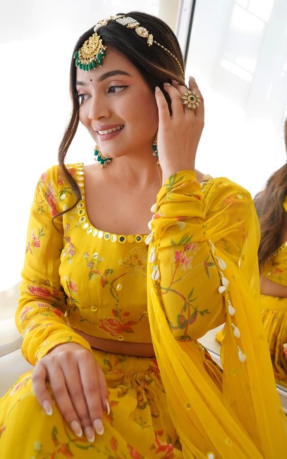 1. Floral Lehenga 1. Floral Lehenga - Haldi Outfit Ideas