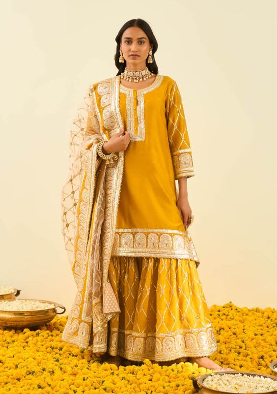 10. Garara Pattern Dress 10. Garara Pattern Dress - Haldi Outfit Ideas