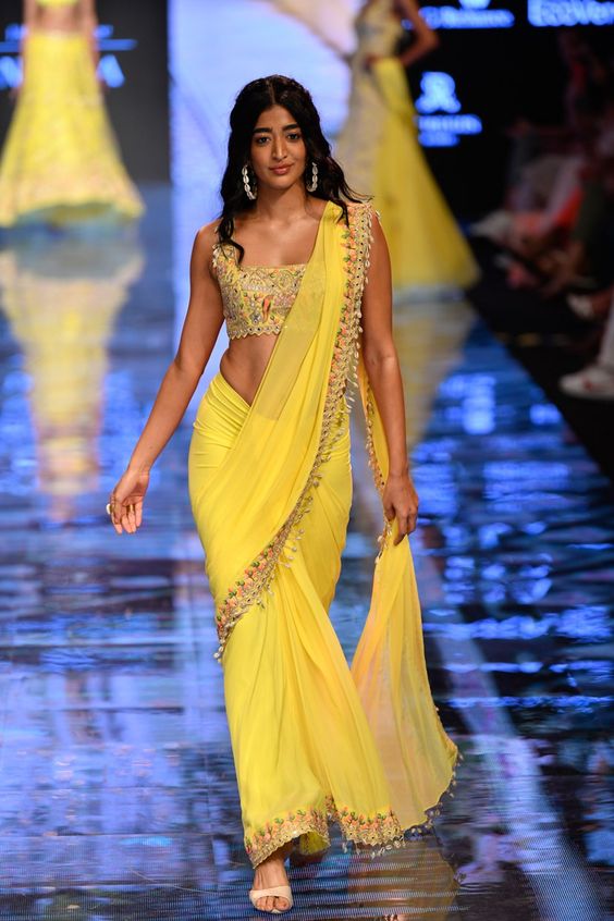 16. Elegant Chiffon Saree 16. Elegant Chiffon Saree - Haldi Outfit Ideas
