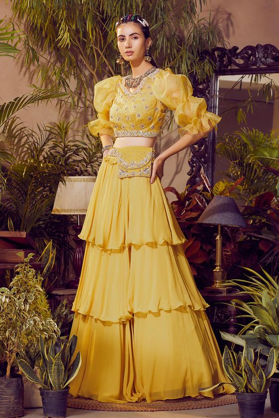 19. Ruffle Skirt With Fancy Top Set 19. Ruffle Skirt With Fancy Top Set - Haldi Outfit Ideas