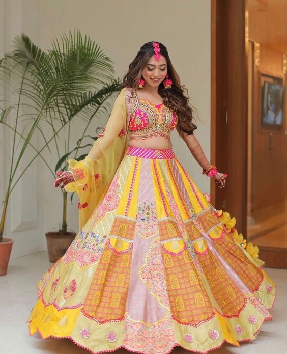 5. Patchwork Lehenga 5. Patchwork Lehenga - Haldi Outfit Ideas